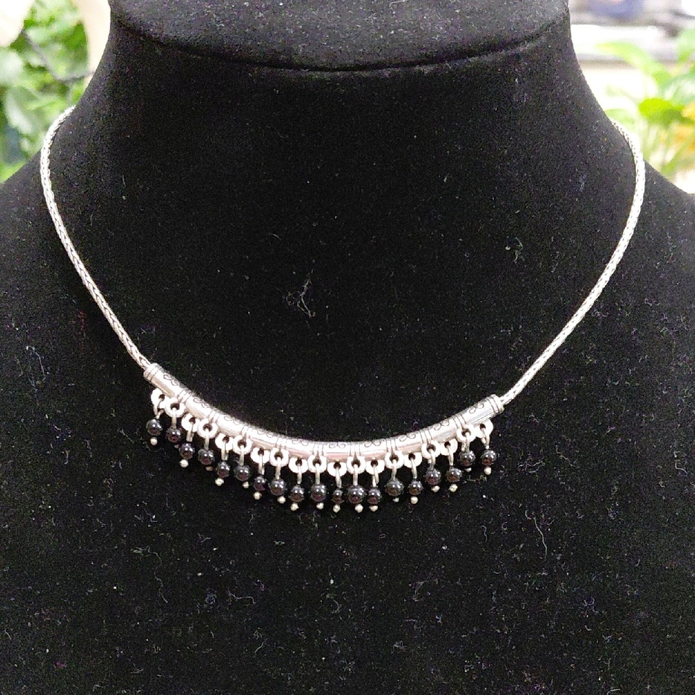 "Brighton" Wheat Onyx Silver and Black Bar Charm Beaded Necklace 16-19in....